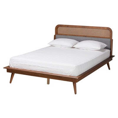 Baxton Studio Queen Irina Fabric and Wood Platform Bed Gray/Ash Walnut: Upholstered Headboard, No Box Spring Needed