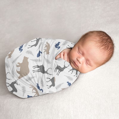 Image of Sweet Jojo Designs Boy Swaddle Baby Blanket Woodland Animals Grey, Blue and Taupe