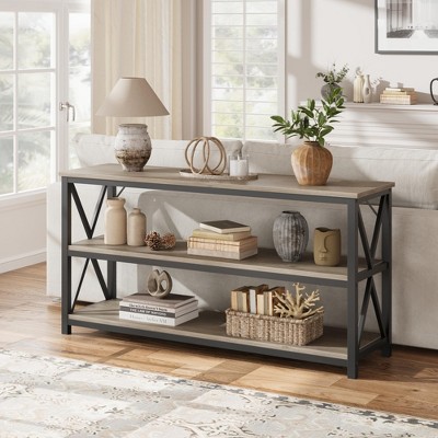 55 Inch Entryway Table, Narrow Long Console Table With Storage, 3 Tier Wood Sofa Table for Living Room