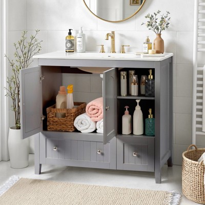 phiestina Grey MDF Lacquered Bathroom Vanity Cabinet, Double Doors & 2 Drawers, Decorative Molding, 35.8" H x 18.1" W x 32.3" D