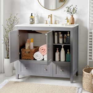 phiestina Grey MDF Lacquered Bathroom Vanity Cabinet, Double Doors & 2 Drawers, Decorative Molding, 35.8" H x 18.1" W x 32.3" D - 1 of 4