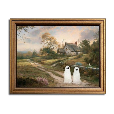 BRINJOY Vintage Halloween Wall Art - Gold Frame Ghost Canvas Print with Rustic Decor, 9.5x12 Inch Retro Holiday Decoration