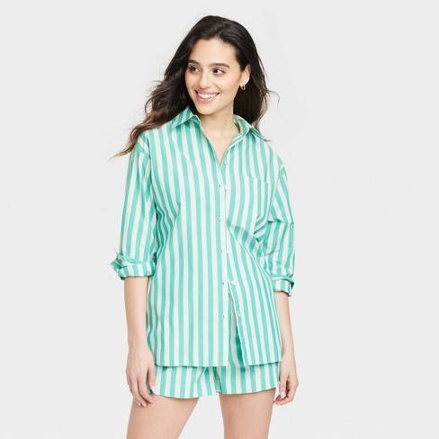 Women's Long Sleeve Button-down Shirt - A New Day™ Green Striped S