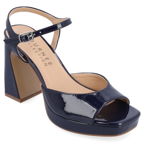 Journee Collection Womens Ziarre Patent Vegan Leather Ankle Strap Platform  Sandals Navy 7.5