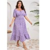 Clearlove Womens Plus Size Square Neck Floral Print Summer Dress Ruffle Short Sleeve Tie Front Slit Hem Boho Maxi Dress - 3 of 4