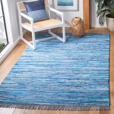 Handmade Blue Cotton Flat Woven Rectangular Rug