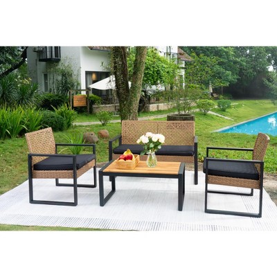 NicBex Outdoor Dining Table Set Wooden Coffee Table with Loveseat & Chairs,Wicker Patio Furniture Set for Garden, Backyard, Porch