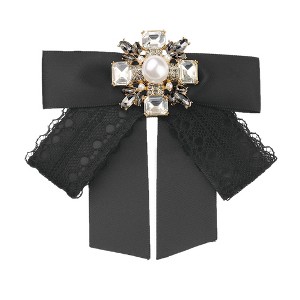 INSPIRE CHIC Women's Satin Ribbon Lace Trim Rhinestone Brooch Ties - 1 of 4