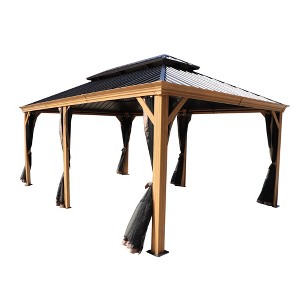 Kozyard Apollo Hardtop Gazebo Wooden Coated Aluminum Frame Canopy with Netting Galvanized Steel Double Roof for Patio Deck Lawn - 1 of 4