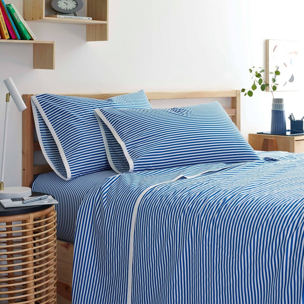 Photos - Bed Linen Martex Twin Clean AF Printed Sheet Set Blue Pinstripe  