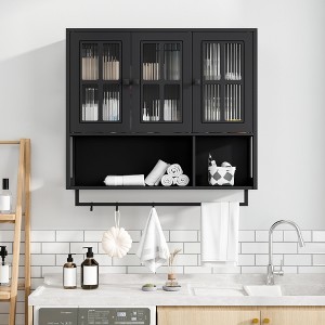 GDFStudio Kaelith 34.65'' Modern Rubberwood Bathroom Wall Cabinet with 3 Glass Doors, Storage Compartments and Towel Bar - 1 of 4