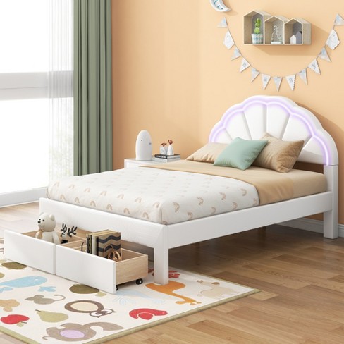 Full Size Upholstered Platform Bed With Seashell Shaped Headboard, Led 