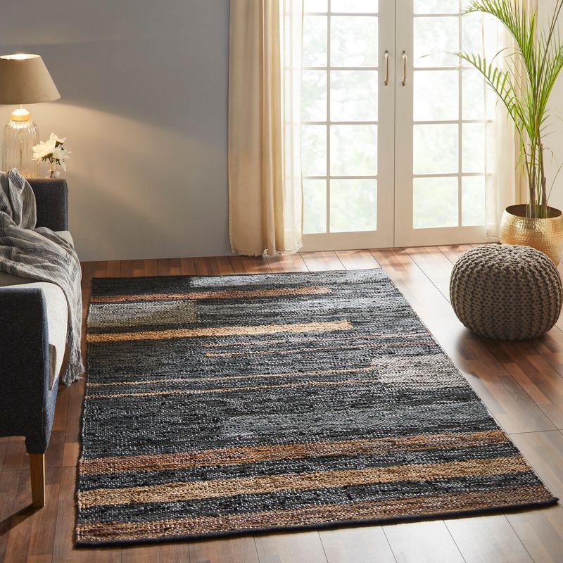 Coastal Rustic Handwoven Leather and Cotton Striped Reversible Indoor Area Rug by Blue Nile Mills, 2 of 7