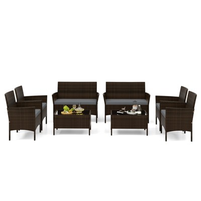 Tangkula 8 Piece Patio Rattan Conversation Set Outdoor Wicker Furniture Set w/ Chair Loveseat & Tempered Glass Table Beige/Black/Gray/Navy/Turquoise