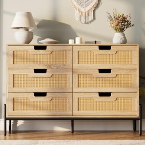 6 Drawer Dresser for Bedroom, Natural Rattan Modern Wooden Dresser, Farmhouse Storage Cabinet Chest - 1 of 4