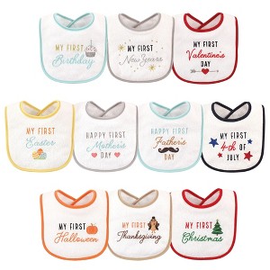 Hudson Baby Infant Cotton Terry Drooler Bibs with Fiber Filling 10pk, Holiday Birthday, One Size - 1 of 4