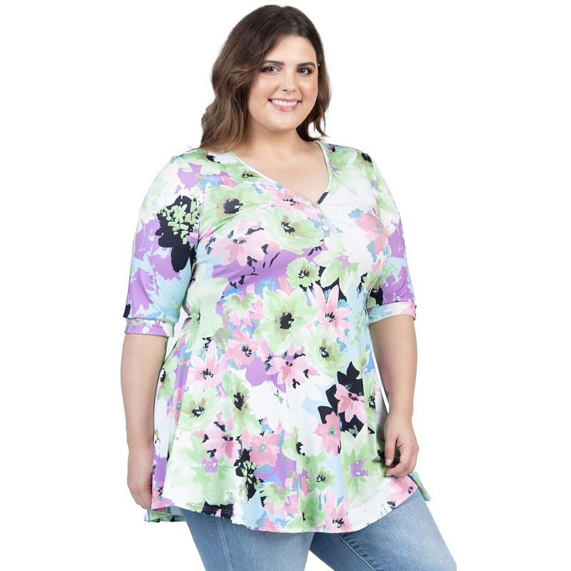 24seven Comfort Apparel Womens Pastel Color Floral Plus Size Elbow Sleeve V Neck Henley Tunic Top, 5 of 7