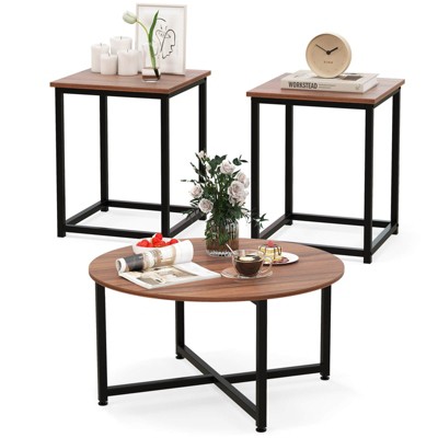 Walnut and Black 3-Piece Coffee Table Set with Metal Frame
