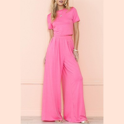 I AM A FASHION JUNKY Black Plain Slim Fit Crop Top And Wide Leg Pants Set