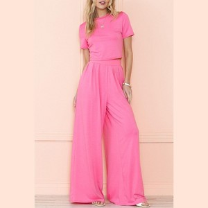 I AM A FASHION JUNKY Black Plain Slim Fit Crop Top And Wide Leg Pants Set - 1 of 4