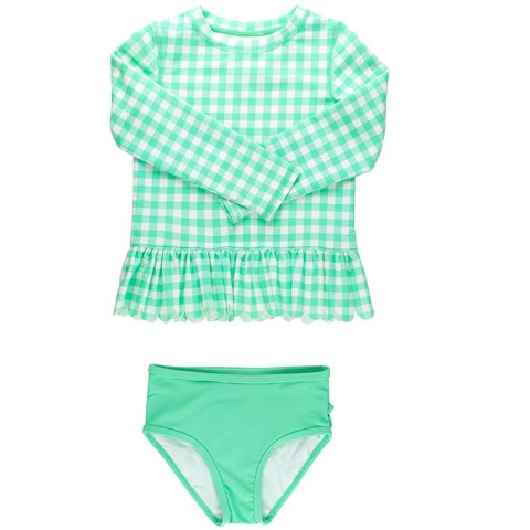RuffleButts Girls UPF50+ Gingham Scallop Hem Long Sleeve Rash Guard Bikini - Spring Green Gingham, 6