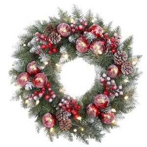 Haute Décor 24" Pre-lit Frosted Ithica Pine Christmas Artificial Wreath - 1 of 4