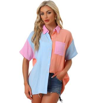 Allegra K Women's Color Block Front Pocket Button Down Short Sleeves Shirt