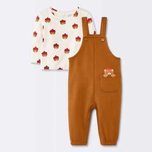 Baby Boys' 2pc Long Sleeve Bear T-Shirt and Overalls with Pocket Set - Cloud Island™ Brown/White - 1 of 4