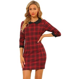 Allegra K Women's Contrast Peter Pan Collar Keyhole Back Plaid Bodycon Dresses - 1 of 4