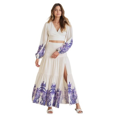 VENUS Womens Printed Linen Two-Piece Set  -  4, Purple Paisley Border