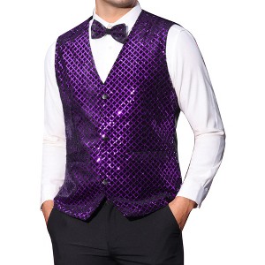 Lars Amadeus Men's V-Neck Party Dress Prom Nightclub Shiny Sleeveless Argyle Sequin Vest - 1 of 4