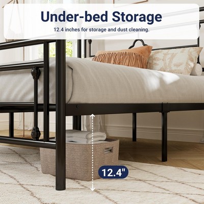 Allewie Queen Black Metal Platform Bed Frame with Victorian Headboard and Storage