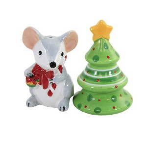 3.25 In Mouse And Tree S & P Shaker Christmas Candy Cane Salt And Pepper Shakers - 1 of 3