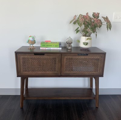 Wood & Cane Console Table With Pull-down Drawers Natural - Hearth ...