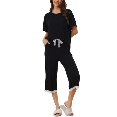 Cheibear Women's Modal Loose Summer Lace Trim Short Sleeve Carpri Pajama  Set Black Small : Target