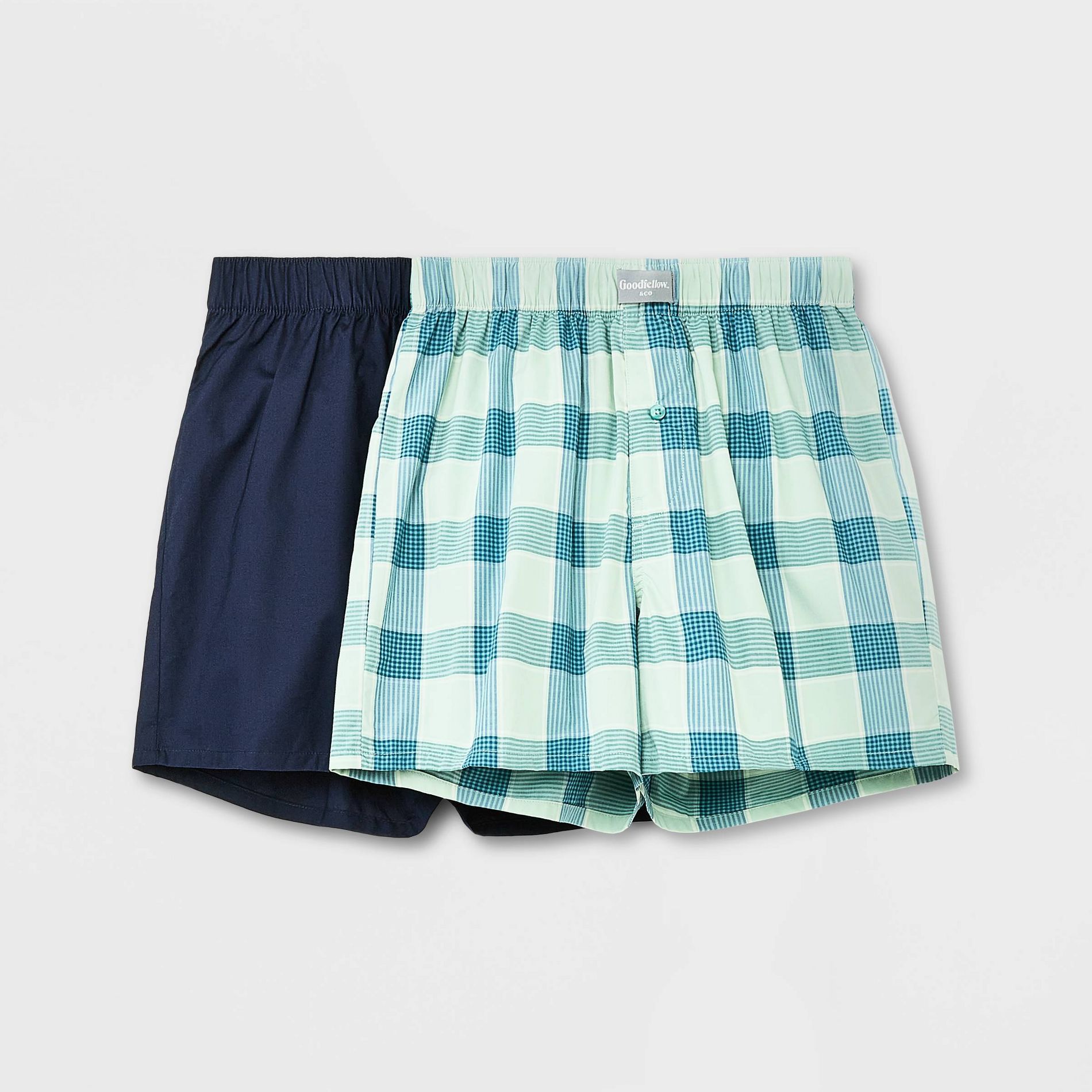 Men's Plaid Woven Boxer 2pk - Goodfellow & Co™ Green/Blue L: Mid Rise, Button Fly, Lightweight Cotton