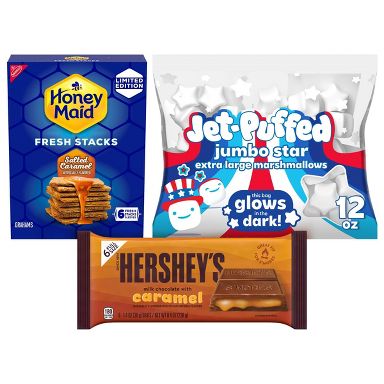 Jet-Puffed 12oz Jumbo White Star Marshmallows + HERSHEY'S 8.4oz Caramel Candy Milk Chocolate + Honey Maid 12.2oz Salted Caramel Crackers S'mores