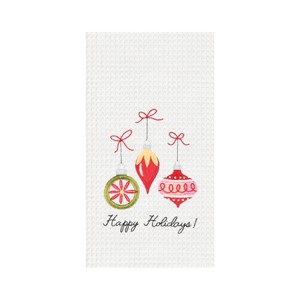 C&F Home 27" x 18" Christmas "Happy Holidays" Sentiment Featuring 3 Ornaments Cotton Embroidered & Waffle Weave Kitchen Dish Towel - 1 of 2