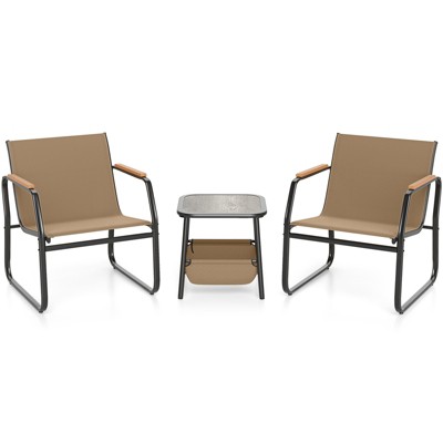 Tangkula 3-Piece Bistro Set Patio Chairs & Side Table w/ Storage Basket Breathable Mesh Fabric