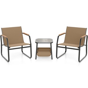 Tangkula 3-Piece Bistro Set Patio Chairs & Side Table w/ Storage Basket Breathable Mesh Fabric - 1 of 4