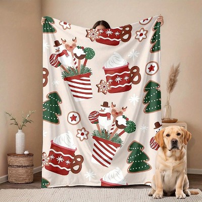 1pc Room Decoration Blanket Gingerbread Man, Christmas Tree, Red And White Striped Pattern Flannel Blanket, Holiday Gift.