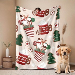 1pc Room Decoration Blanket Gingerbread Man, Christmas Tree, Red And White Striped Pattern Flannel Blanket, Holiday Gift. - 1 of 4