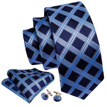 Men's Blue Plaid 100% Silk Neck Tie With Matching Hanky And Cufflinks Set