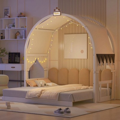 Twin Size Bed Frame With Arched Roof And Light Strip,Bed Frame Wood With Playful Tent,Pinewood Ground-Level Canopy Bed -Maison Boucle