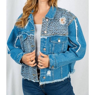 Women's Leopard Frayed Denim Jacket - White Birch