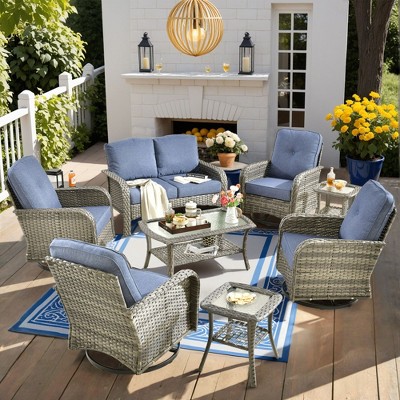 XIZZI Outdoor Patio Swivel Chair Conversation Set, 3/5/7/8 Piece Sofa Sets w/ Side Table, 360° Swivel Seats & Optional Coffee Table/Loveseat