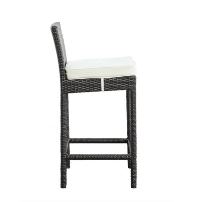 Espresso White Wicker Rattan Outdoor Bar Stool with Beige Cushion