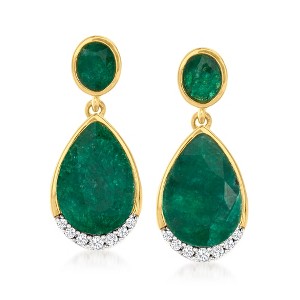 Ross-Simons 5.50 ct. t.w. Emerald and .14 ct. t.w. Diamond Drop Earrings in 18kt Gold Over Sterling - 1 of 3