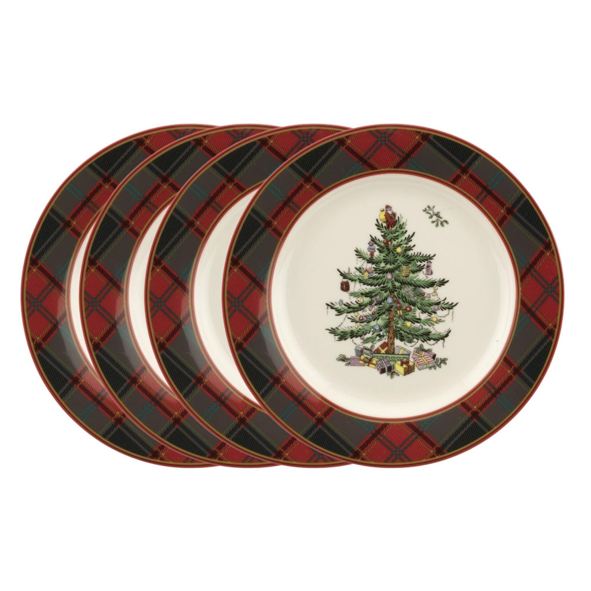 Spode Christmas Tree Tartan 7.75" Salad Plate, Set of 4, Festive Table Setting for Parties & Gatherings, Holiday Plate, Appetizers, Desserts or Salads