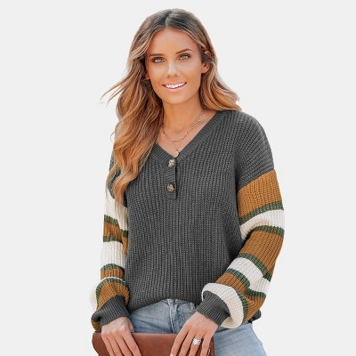 Women's V-Neck Buttoned Striped Long Sleeve Sweater - Cupshe